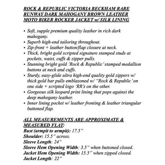 ROCK & REPUBLIC VICTORIA BECKHAM RARE Brown Leather Biker Moto Jacket - Picture 15 of 15